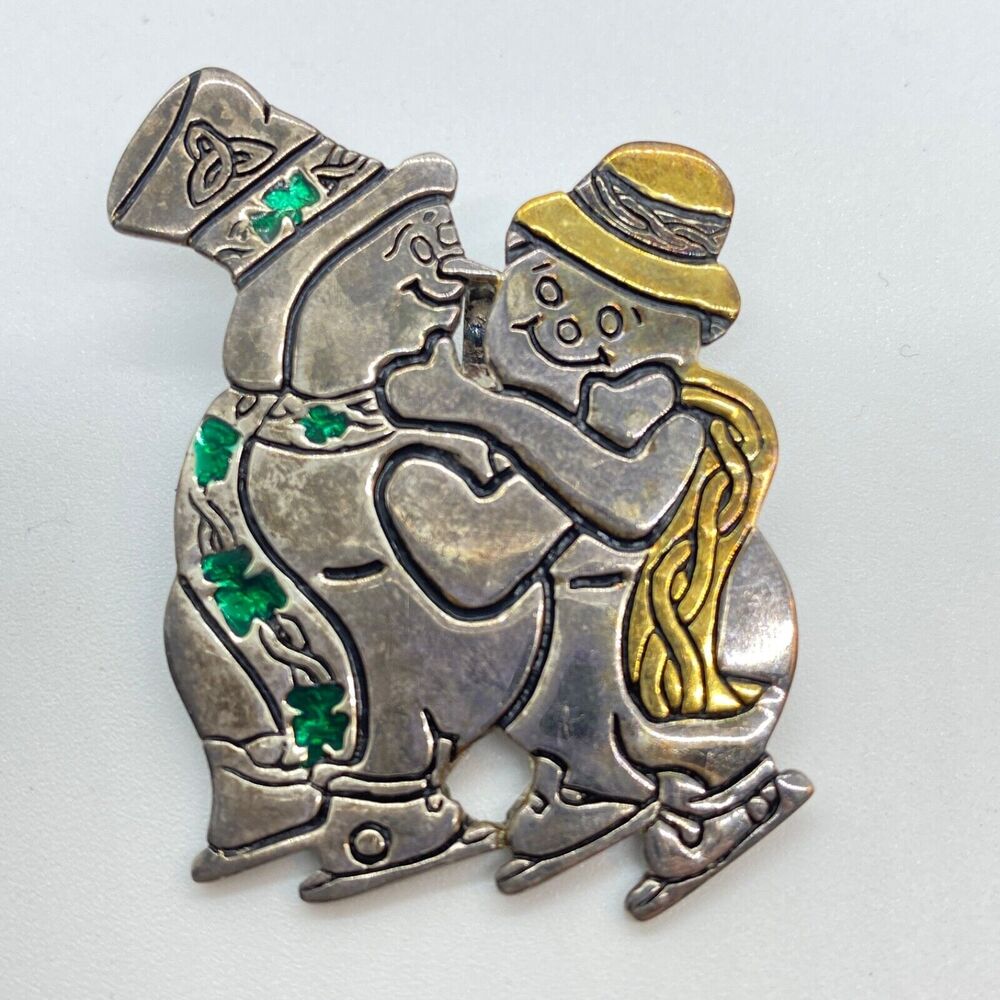 Irish Brooch Pendant Snowman Snow Woman Skating Vintage Sterling Silver 925 Pin